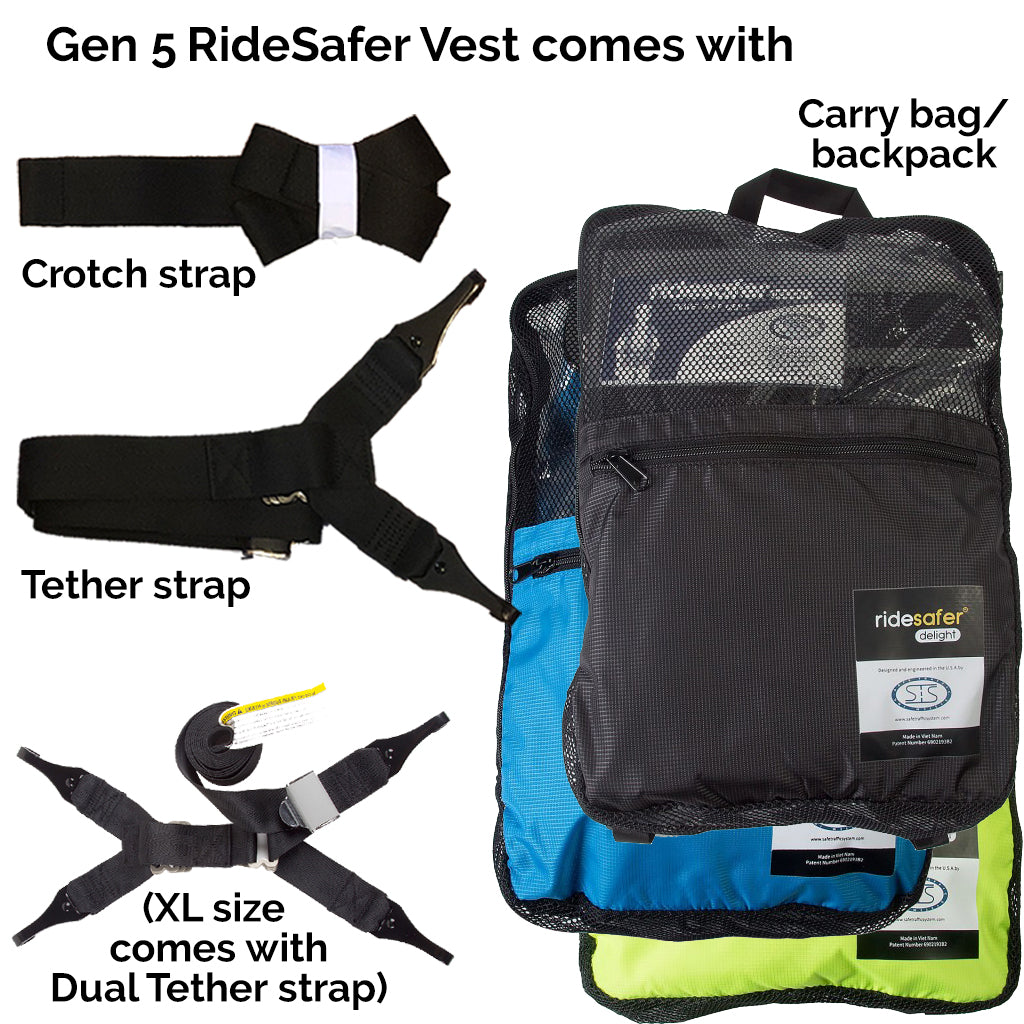 Ride Safer Travel Vest with Zipped Backpack-Wearable, Lightweight, Compact, and Portable Car Seat. Perfect for Everyday Use or Rideshare, Travel